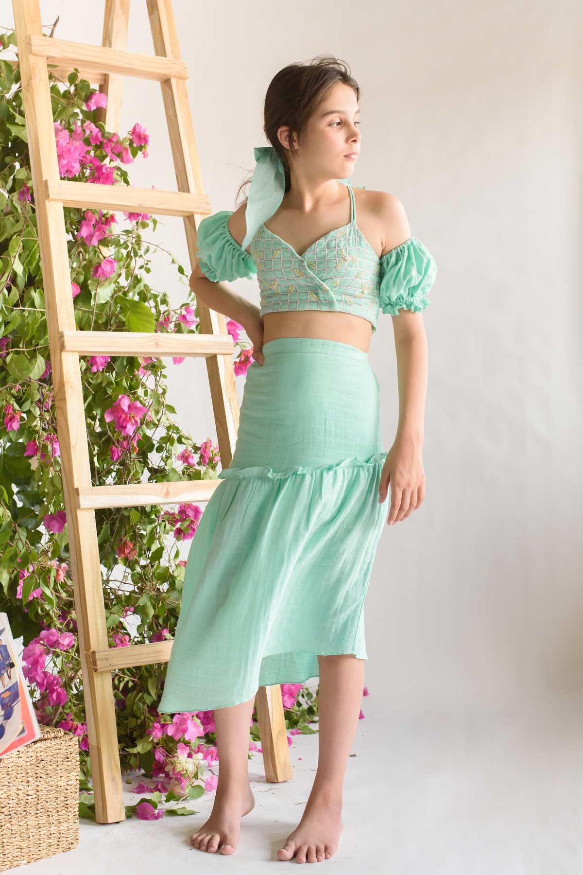 Buy Kids Designer Littleens Checkered ruffle skirt with a wrap embroidered top with elasticated back Online at ScrollnShops